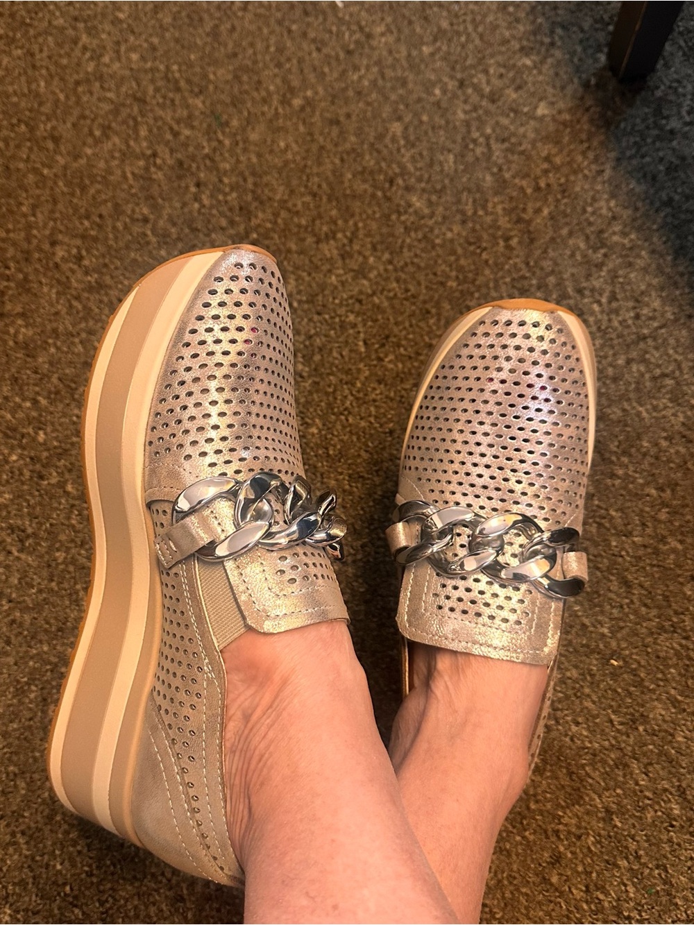 Dolce Vita Metallic Silver Perforated Chain-Trim Wedge Loafers